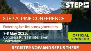 Promotional image for STEP Alpine Conference 2025, sponsored by Davidoff Law, highlighting private wealth and succession planning
