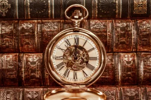 Antique gold pocket watch displayed in front of vintage legal books, symbolising legacy and precision in legal advisory at Davidoff Law.