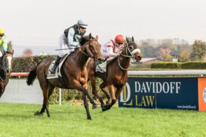 Two jockeys compete in a close Pferderennen at the Dielsdorf racecourse near Zurich, with the Davidoff Law sponsorship banner visible along the track.