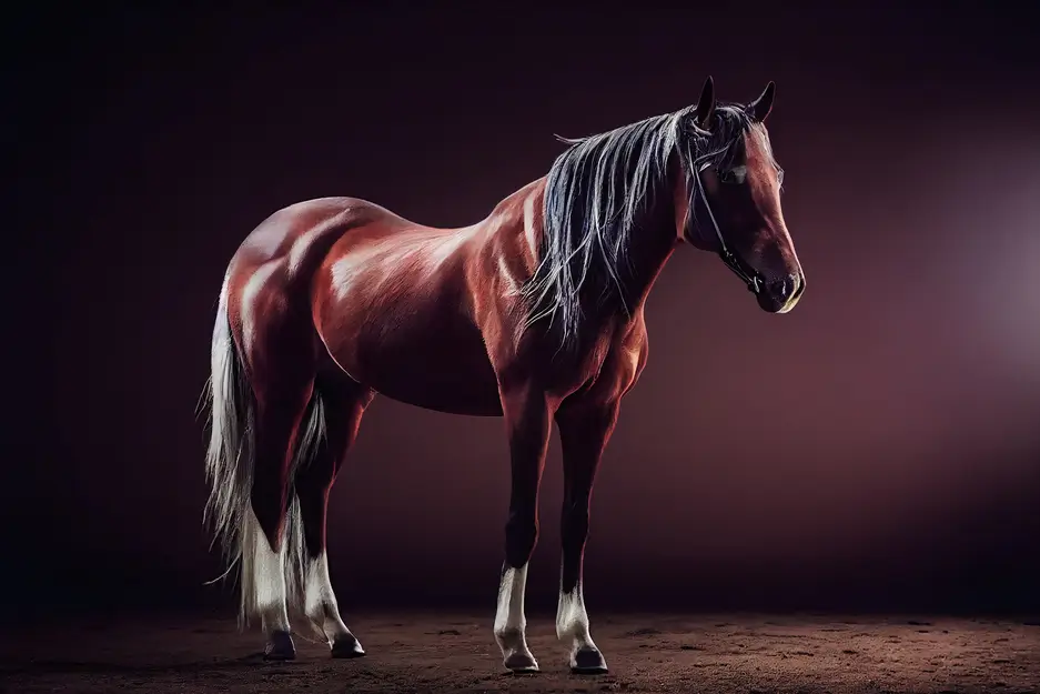 Elegant chestnut horse with white stockings in studio lighting – representing equine investment, racing, and dressage in Davidoff Law Zurich’s wealth management perspective.