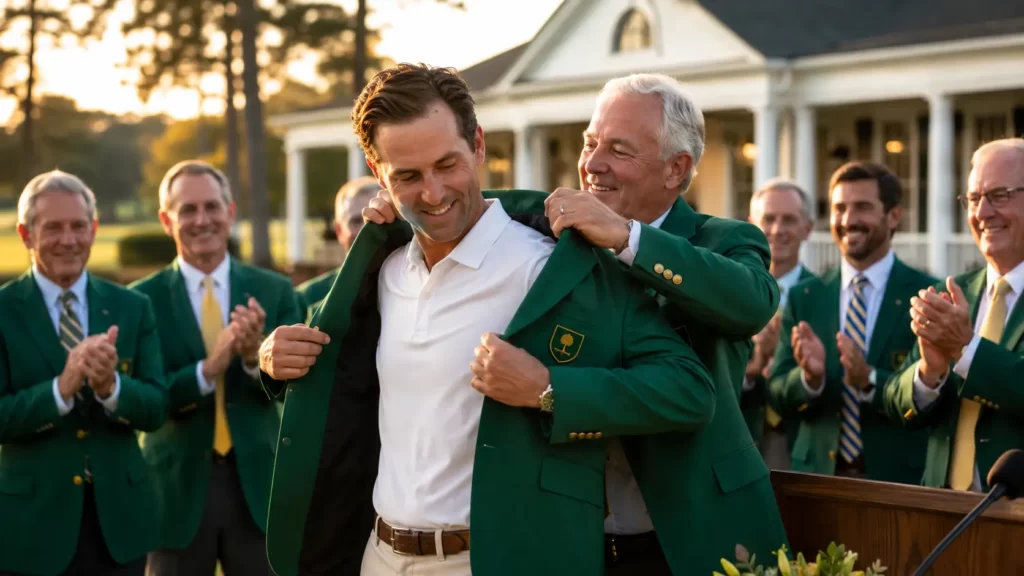 Golf ceremony with a green jacket presentation, symbolising private capital, sporting prestige and governance risks in professional sport