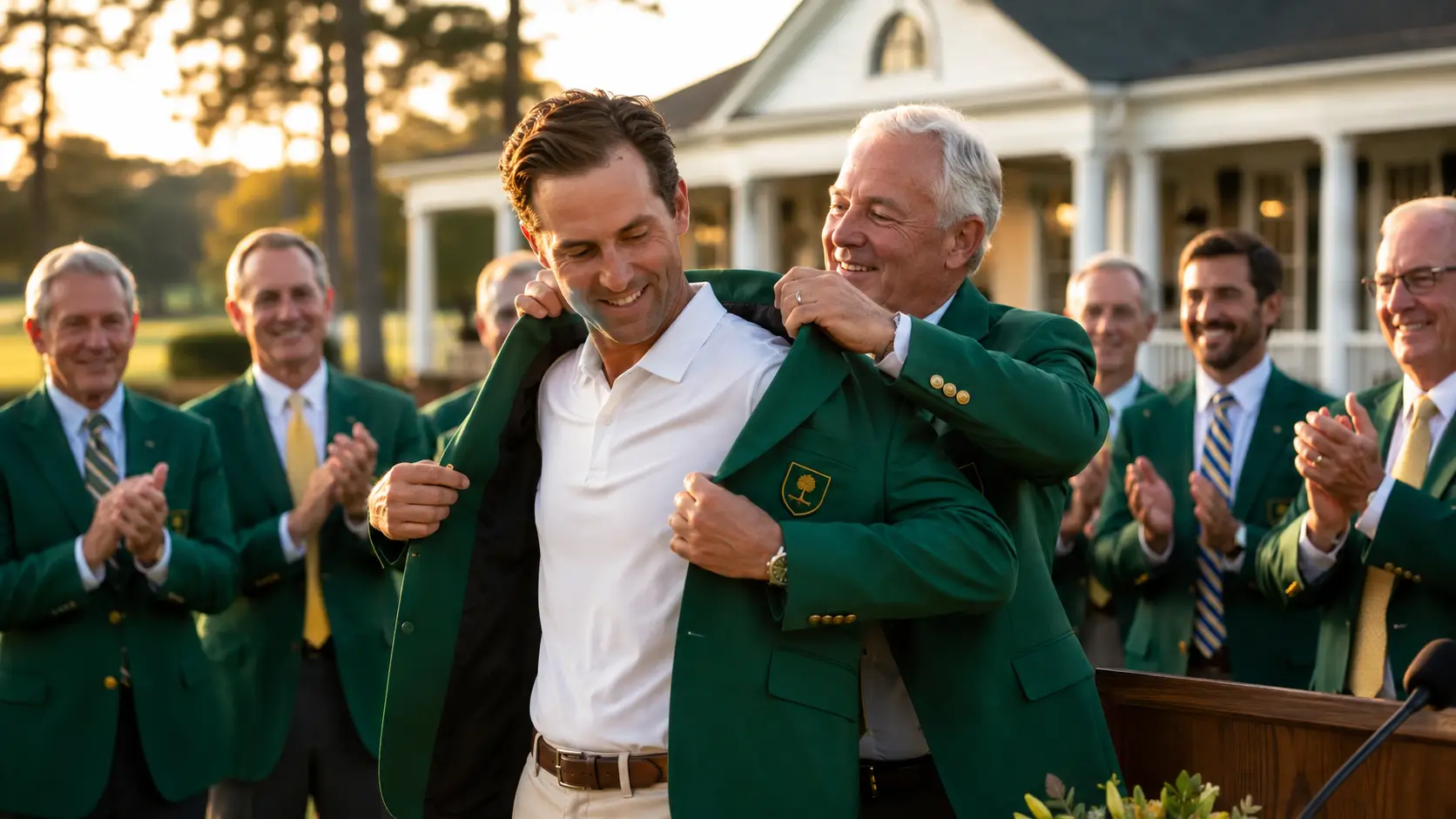 Golf ceremony with a green jacket presentation, symbolising private capital, sporting prestige and governance risks in professional sport