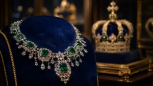 Emerald and diamond necklace displayed on a blue velvet stand in a luxury jewellery boutique.