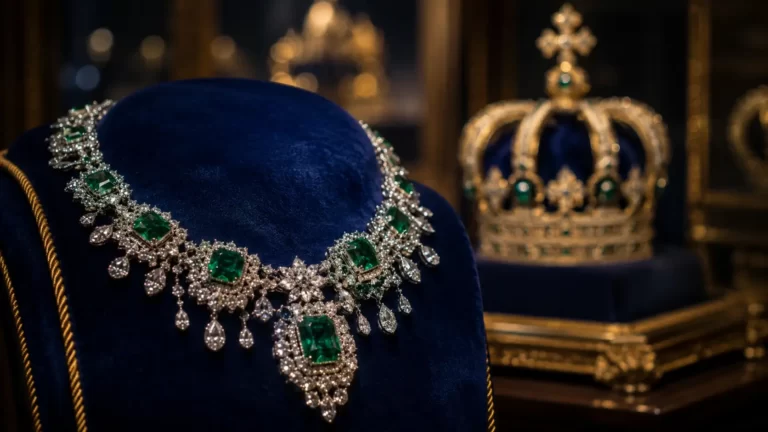 Emerald and diamond necklace displayed on a blue velvet stand in a luxury jewellery boutique.