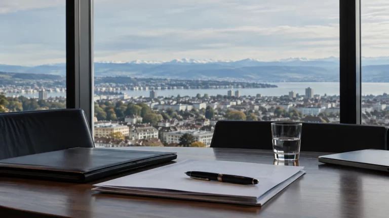 Cross-border transactions – share purchase agreement and fountain pen on a boardroom table overlooking Zurich and Lake Zurich, Davidoff Law